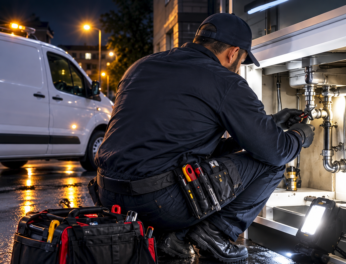 Plombier en intervention d'urgence de nuit sous un évier, fourgon d'intervention garé dans la rue